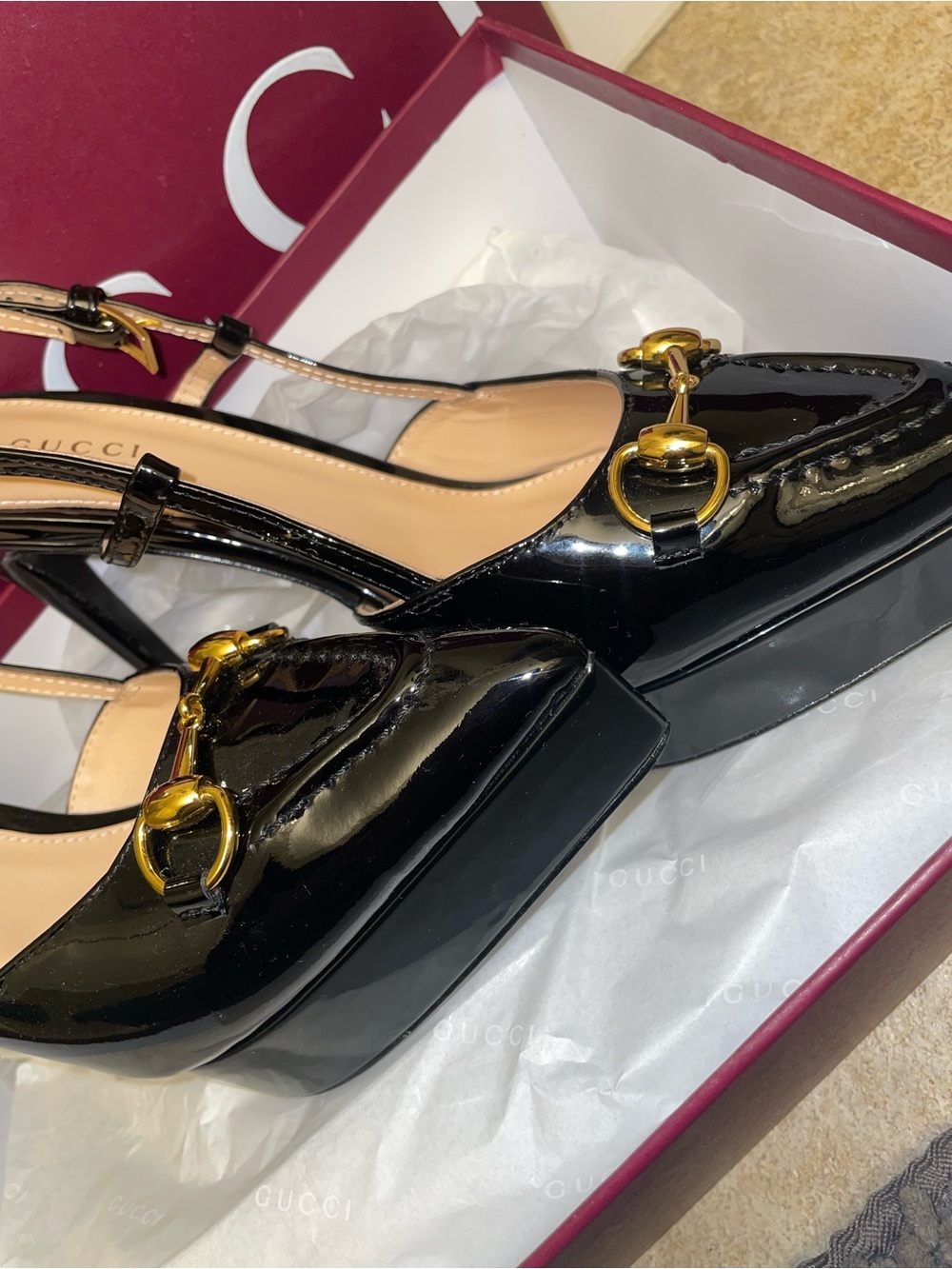 Gucci Black Patent Leather Horsebit Slingback Pumps GG size 7 high heels - Picture 11 of 14